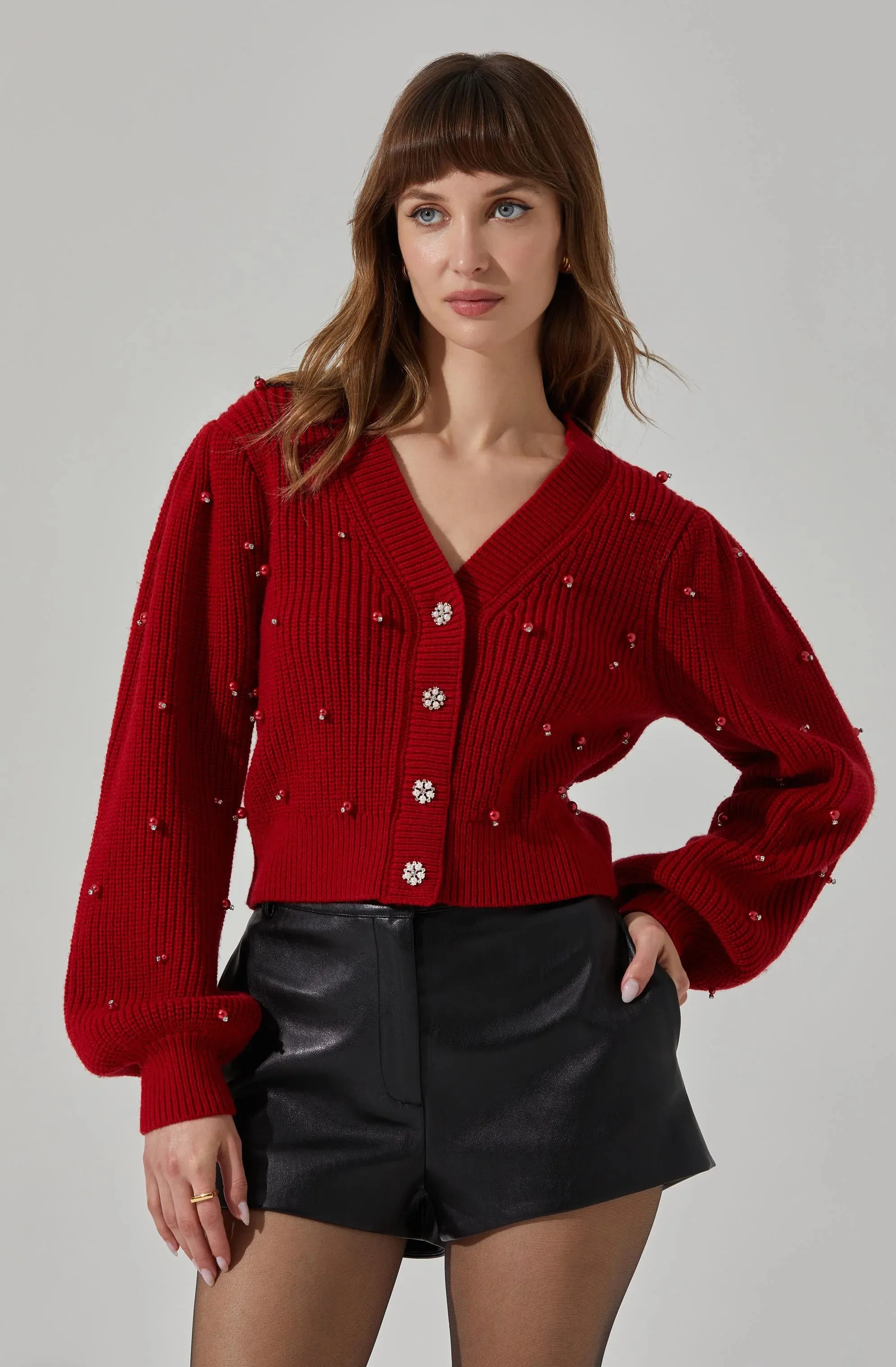 AST Red Delsie Pearl Embellished Cardigan