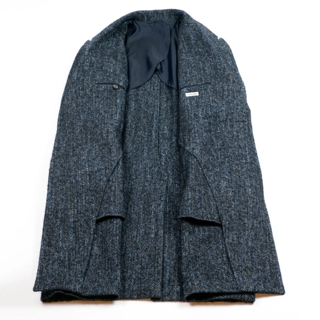 Blue herringbone mix peaked lapel overcoat