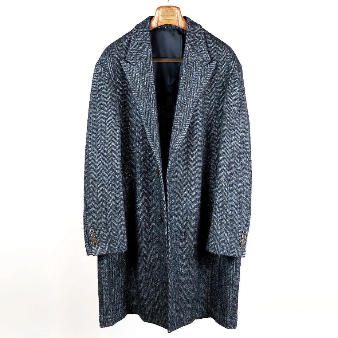 Blue herringbone mix peaked lapel overcoat