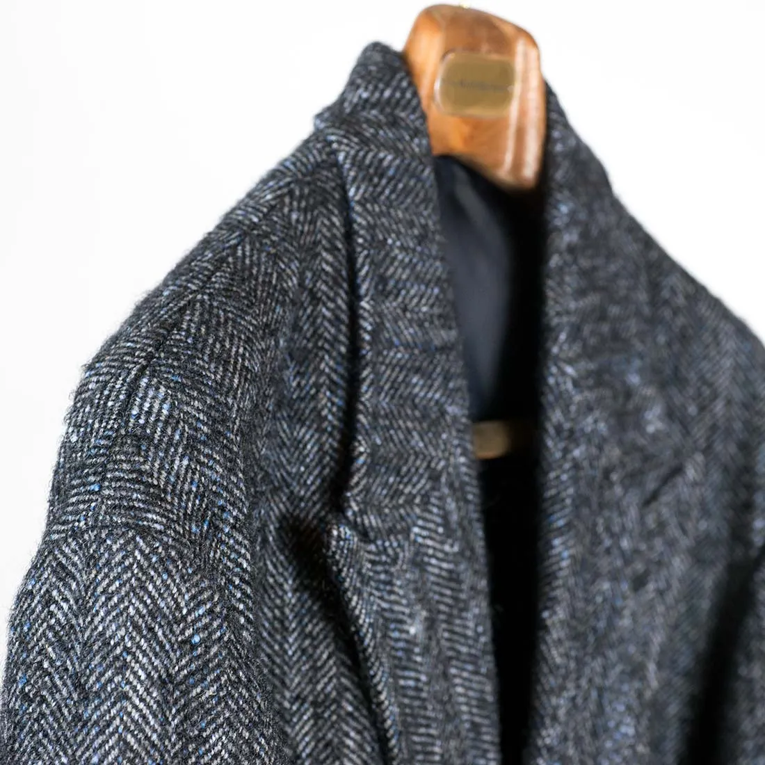 Blue herringbone mix peaked lapel overcoat