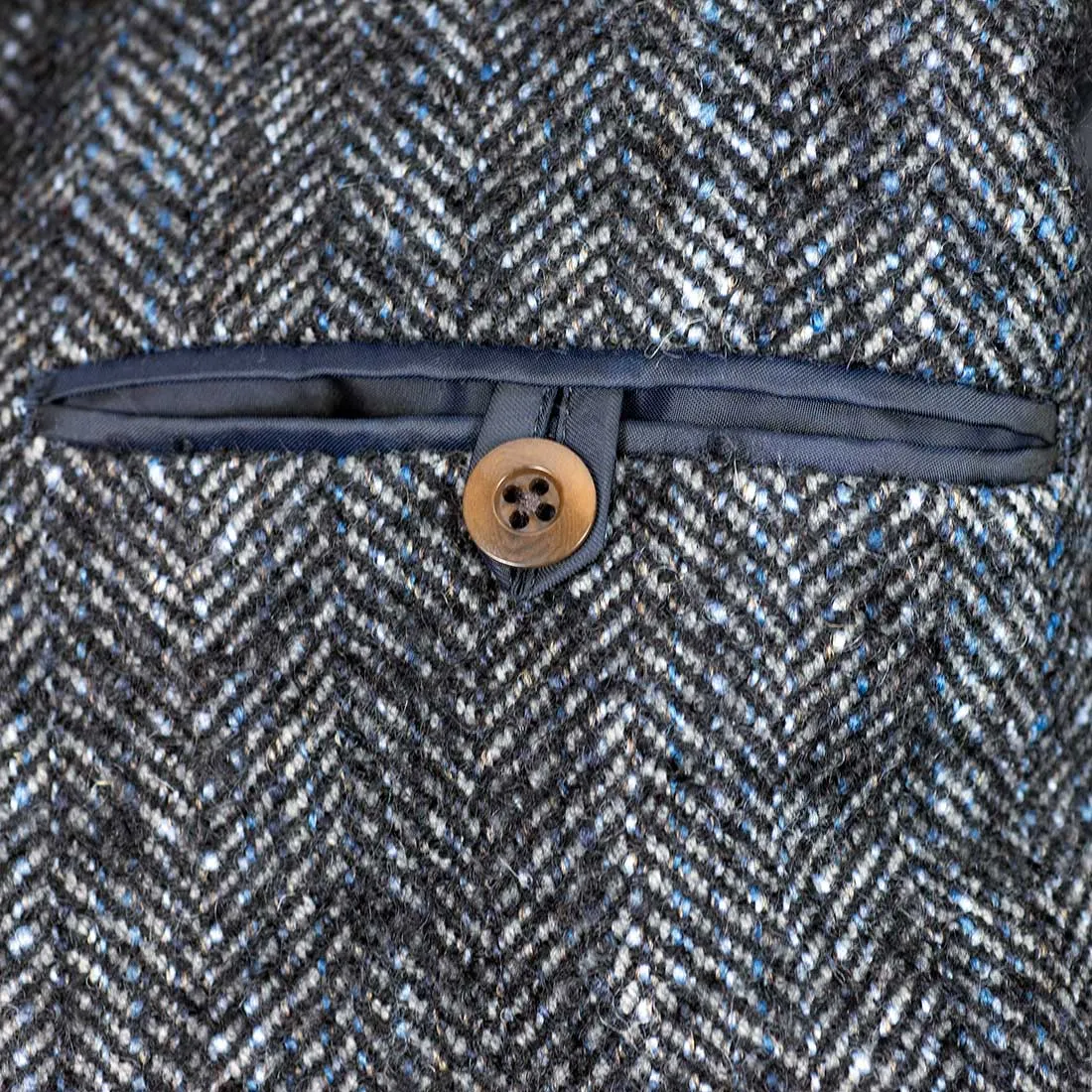 Blue herringbone mix peaked lapel overcoat