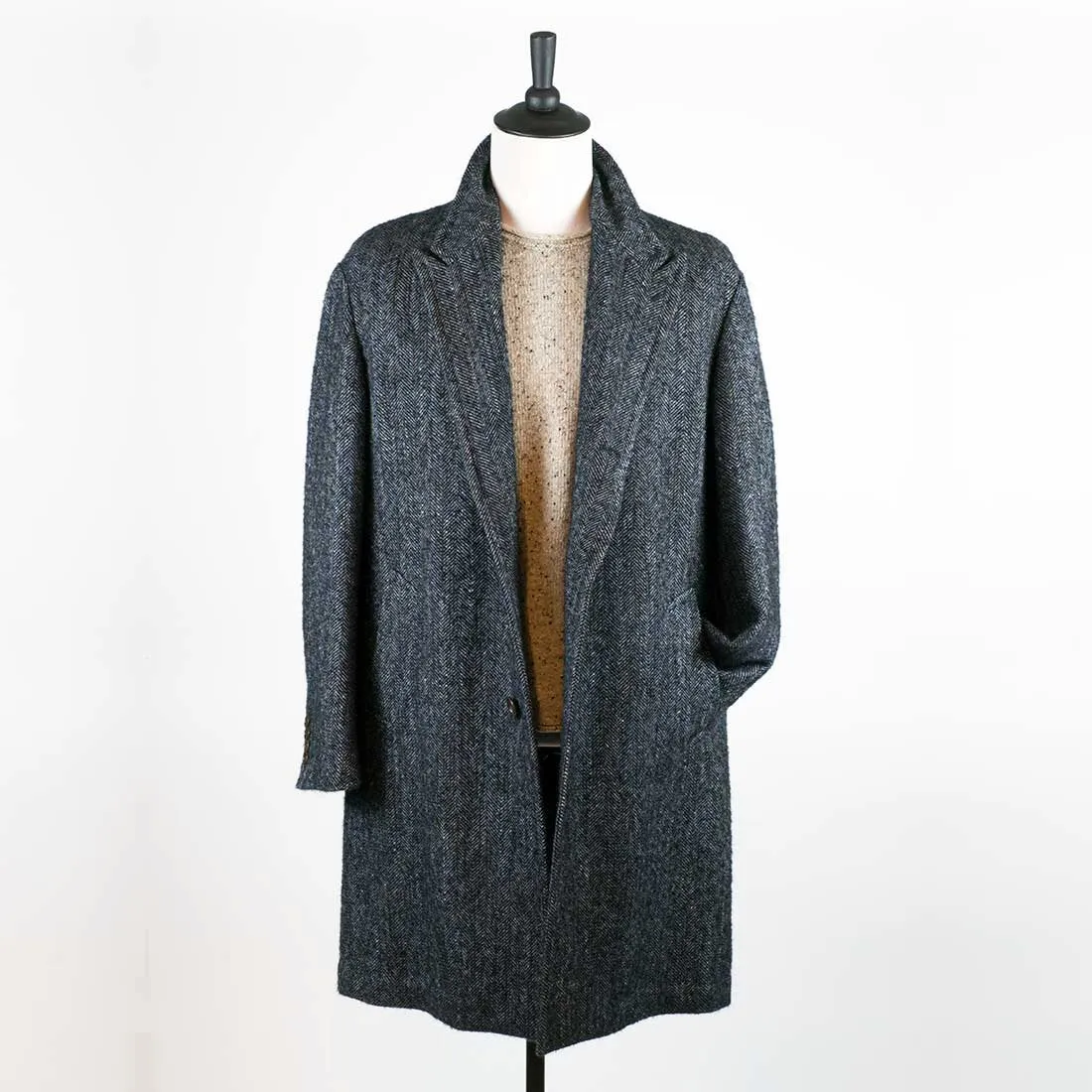 Blue herringbone mix peaked lapel overcoat