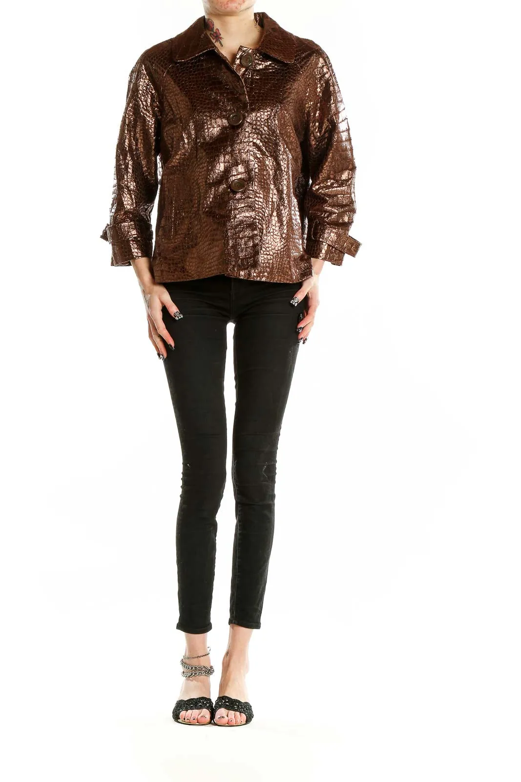 Bronze Metallic Crocodile-Textured Jacket