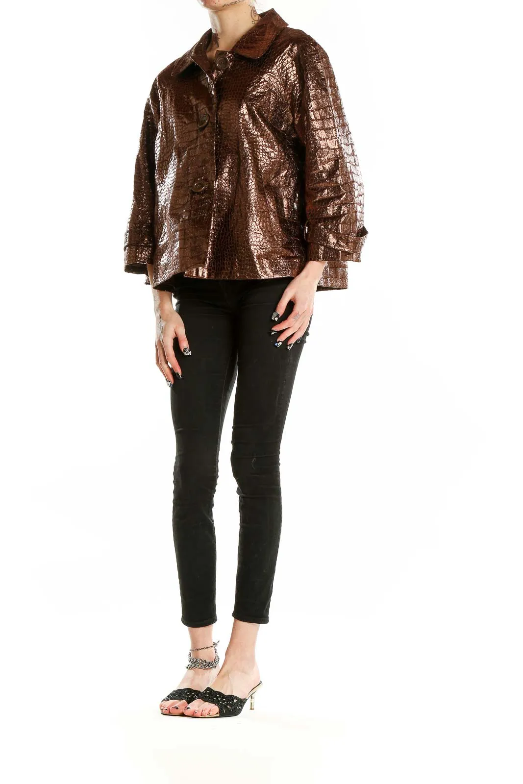 Bronze Metallic Crocodile-Textured Jacket