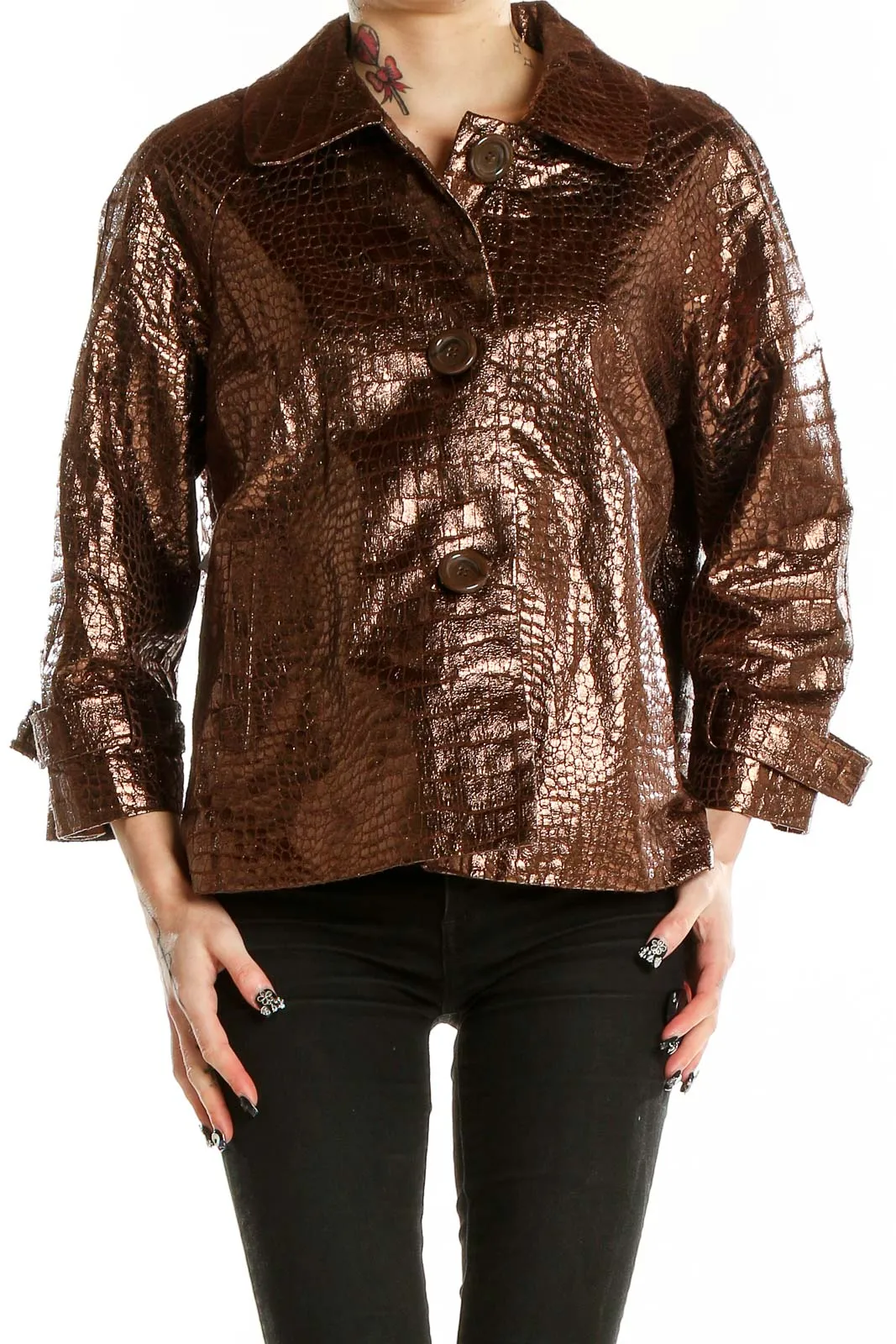 Bronze Metallic Crocodile-Textured Jacket