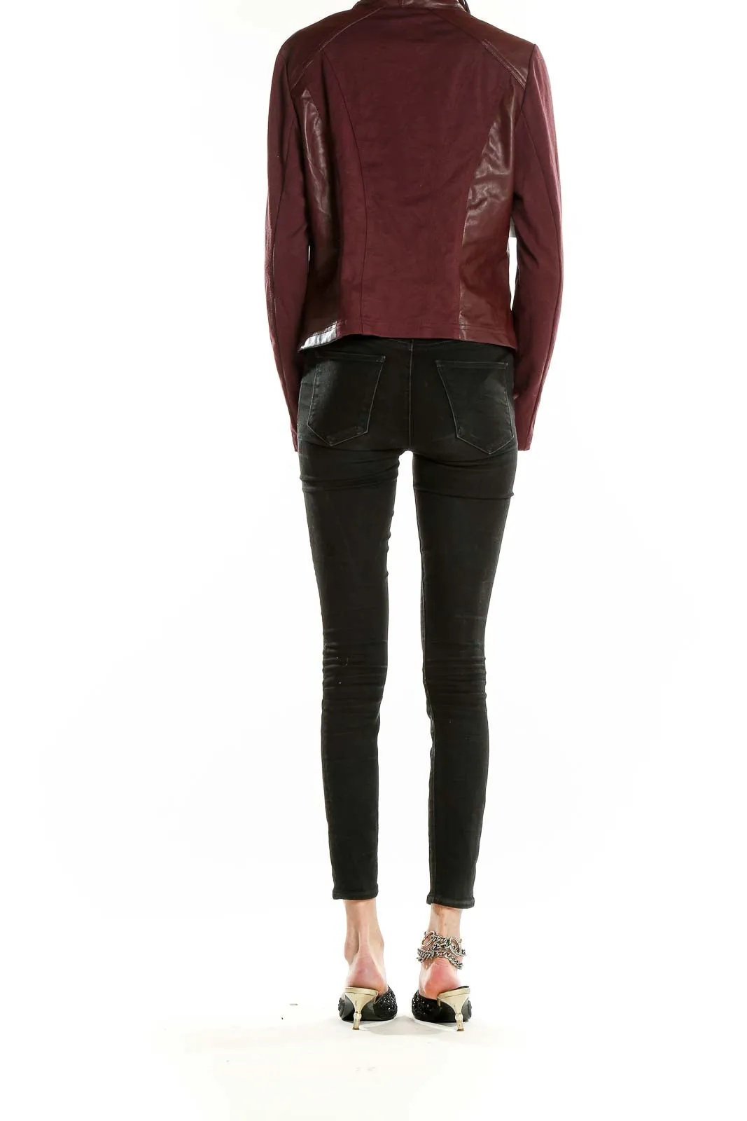 Burgundy Faux Leather Draped Jacket