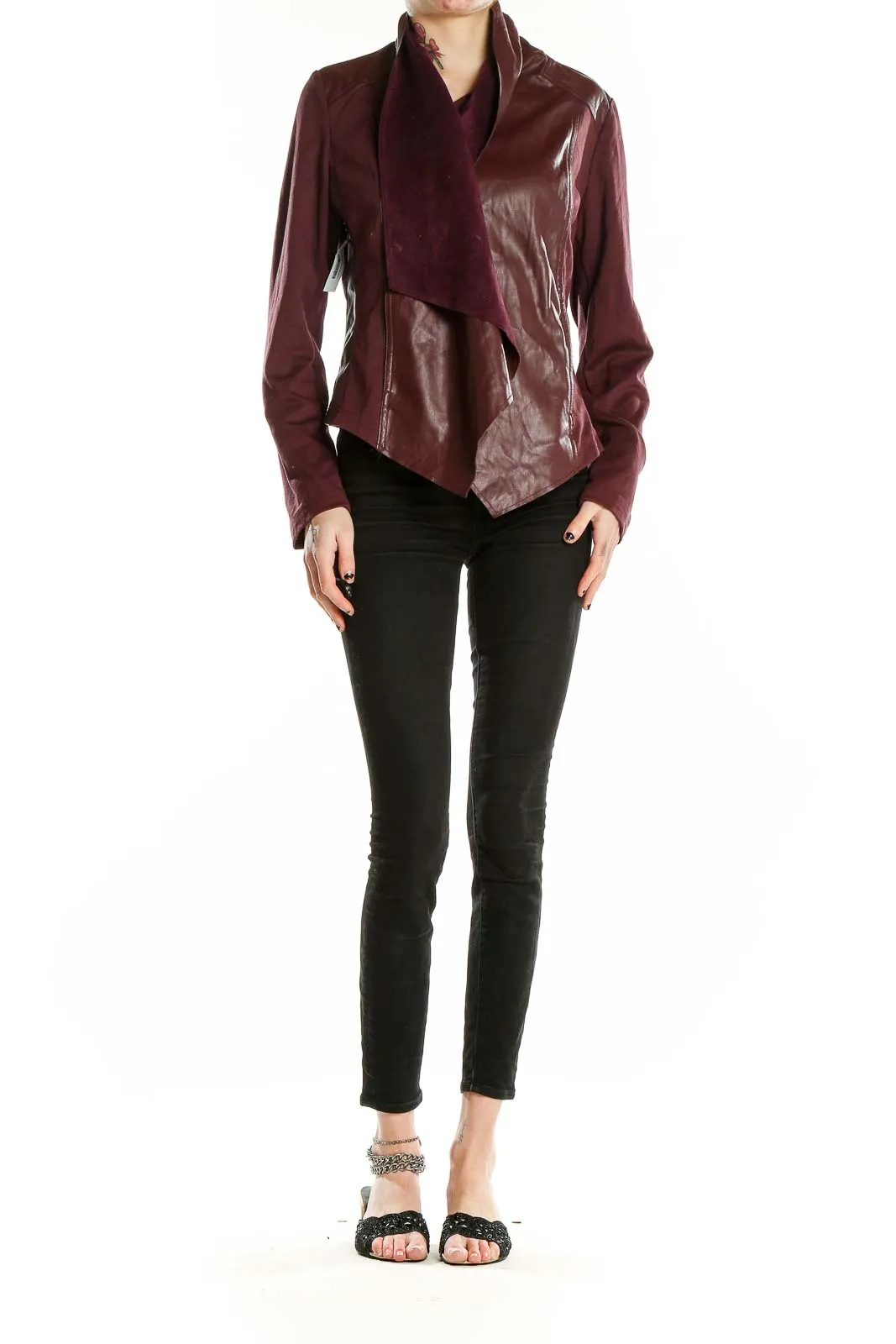 Burgundy Faux Leather Draped Jacket