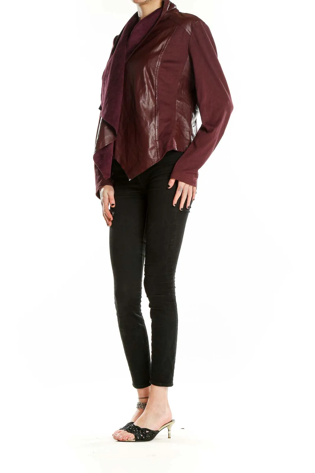 Burgundy Faux Leather Draped Jacket