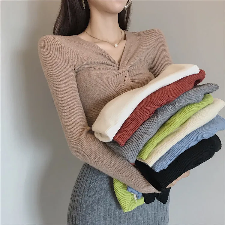 chic Vintage Hong Kong V-Neck Cross Sweater Women Sexy Feminine Matching Outerwear