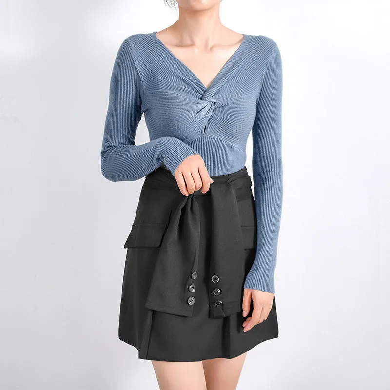 chic Vintage Hong Kong V-Neck Cross Sweater Women Sexy Feminine Matching Outerwear