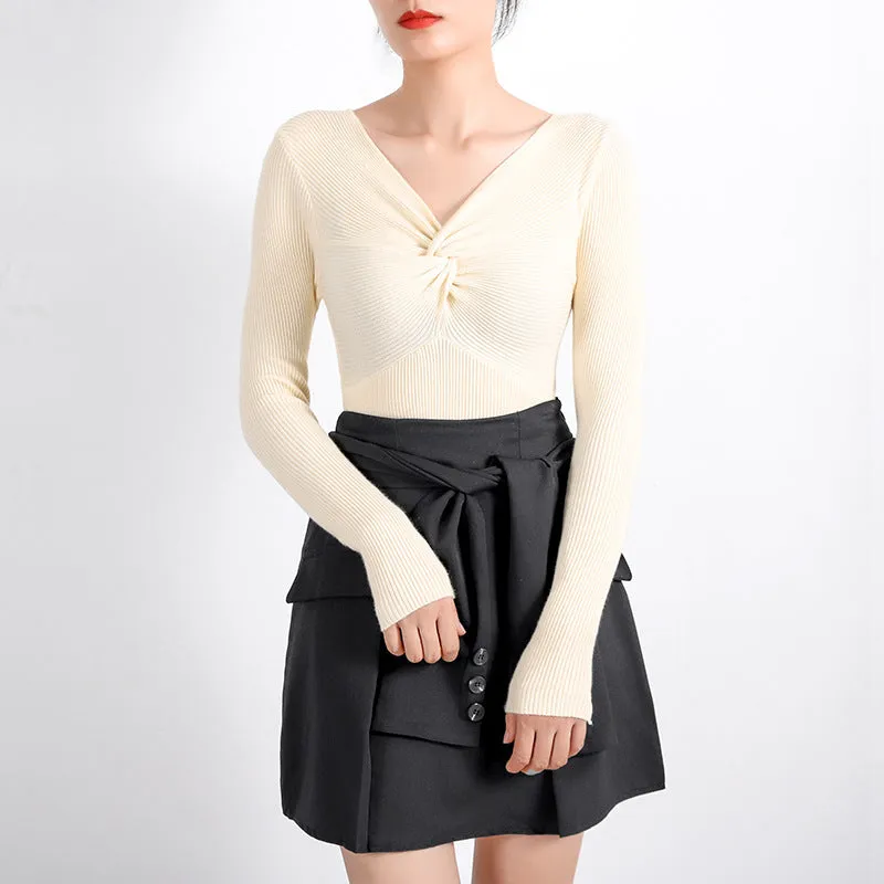 chic Vintage Hong Kong V-Neck Cross Sweater Women Sexy Feminine Matching Outerwear