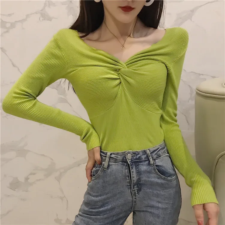 chic Vintage Hong Kong V-Neck Cross Sweater Women Sexy Feminine Matching Outerwear