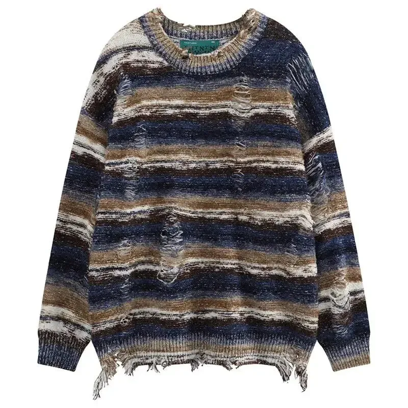 Chicmy-American vintage high street ripped stripe knit sweaters for men and women in autumn and winter casual versatility loose thin