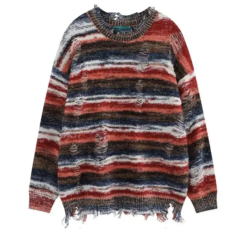 Chicmy-American vintage high street ripped stripe knit sweaters for men and women in autumn and winter casual versatility loose thin