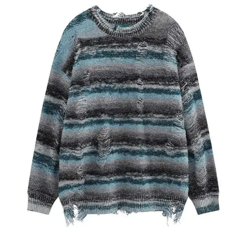 Chicmy-American vintage high street ripped stripe knit sweaters for men and women in autumn and winter casual versatility loose thin