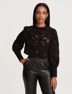 Cropped Ruffle Neck Blouse With Floral Lace- Sale