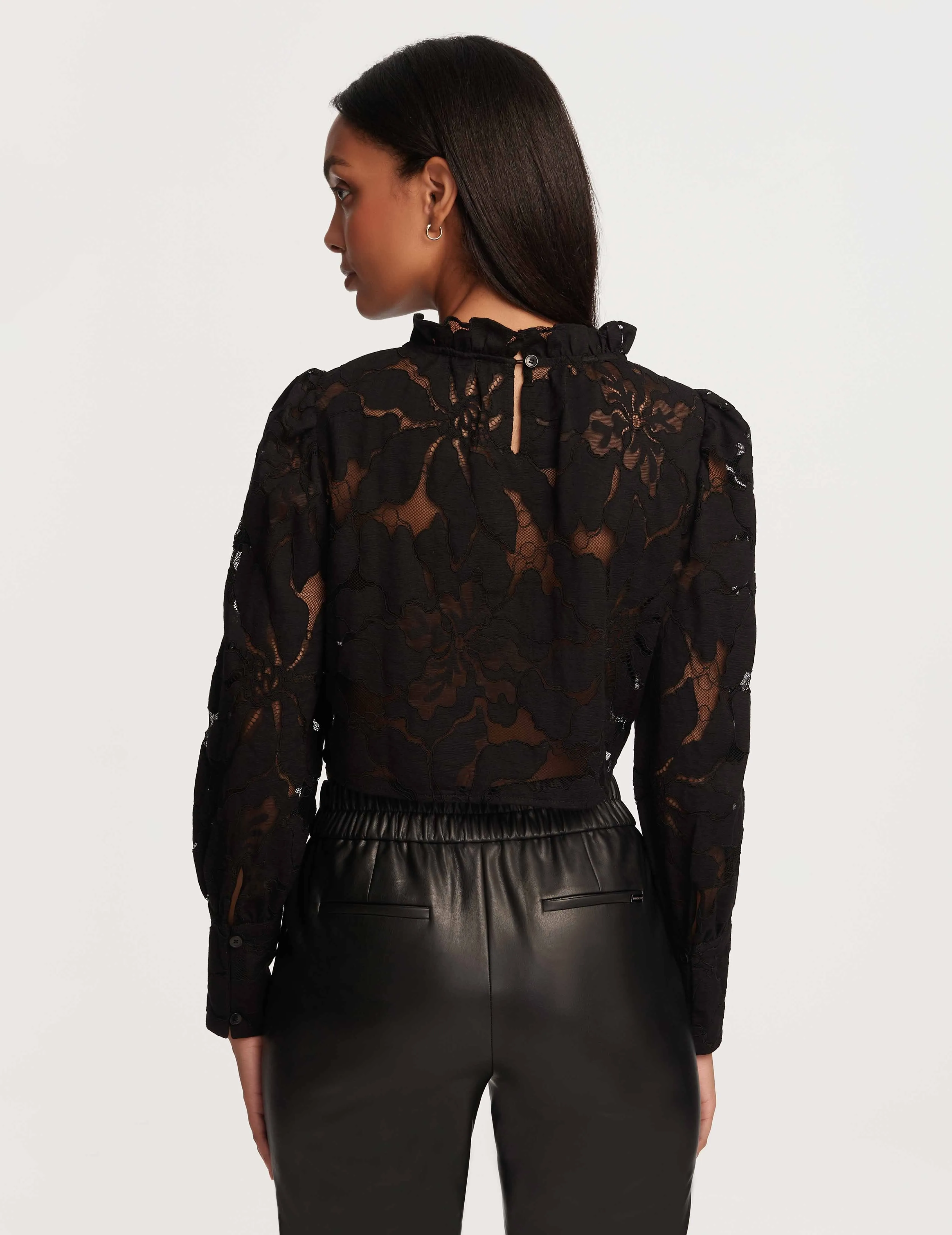 Cropped Ruffle Neck Blouse With Floral Lace- Sale