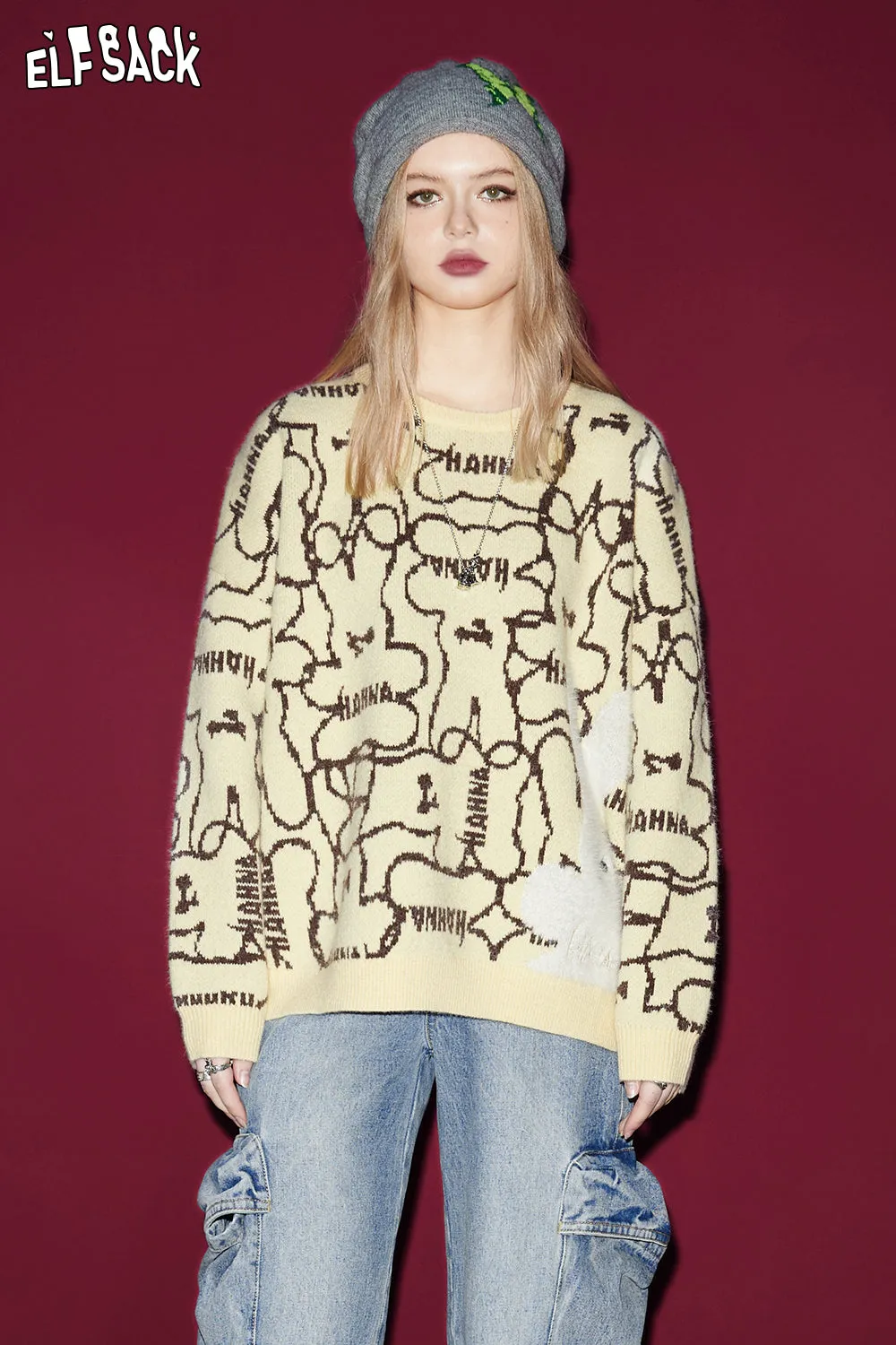 ELFSACK Pullover Sweaters For Women Embroidery Print long sleeves y2k 2024 Spring Loose Basic Daily Tops