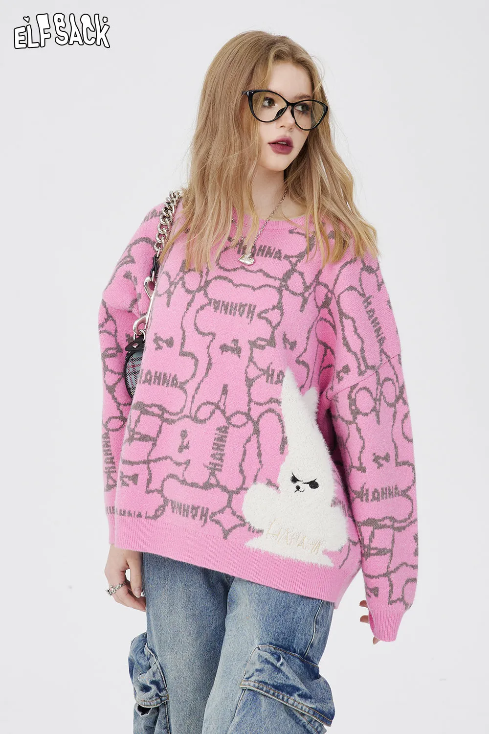 ELFSACK Pullover Sweaters For Women Embroidery Print long sleeves y2k 2024 Spring Loose Basic Daily Tops