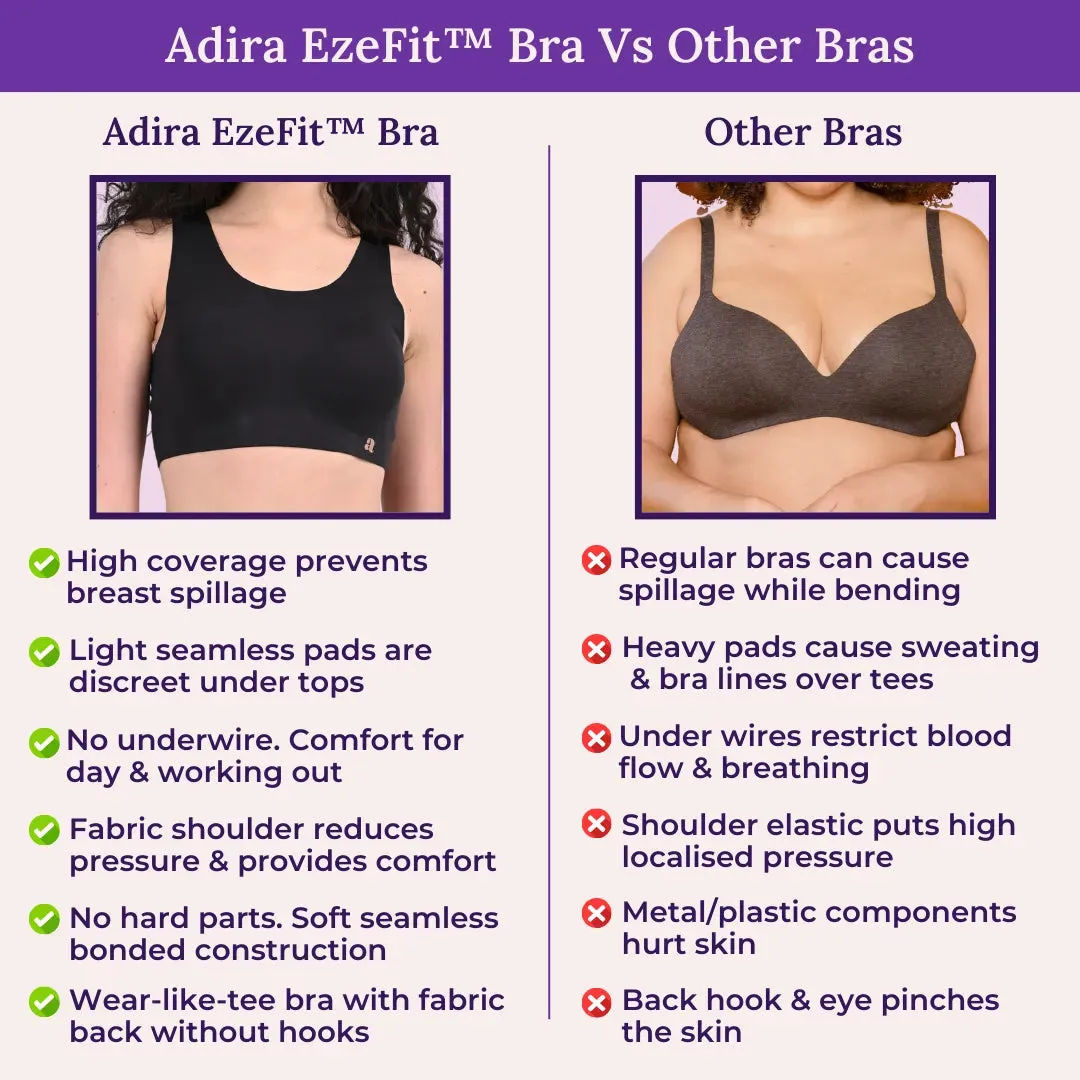 EzeFit Bra | U Back | Seamless | Fabric Shoulder | T shirt Bra/Sports Bra | Removable Pads | Non Wired