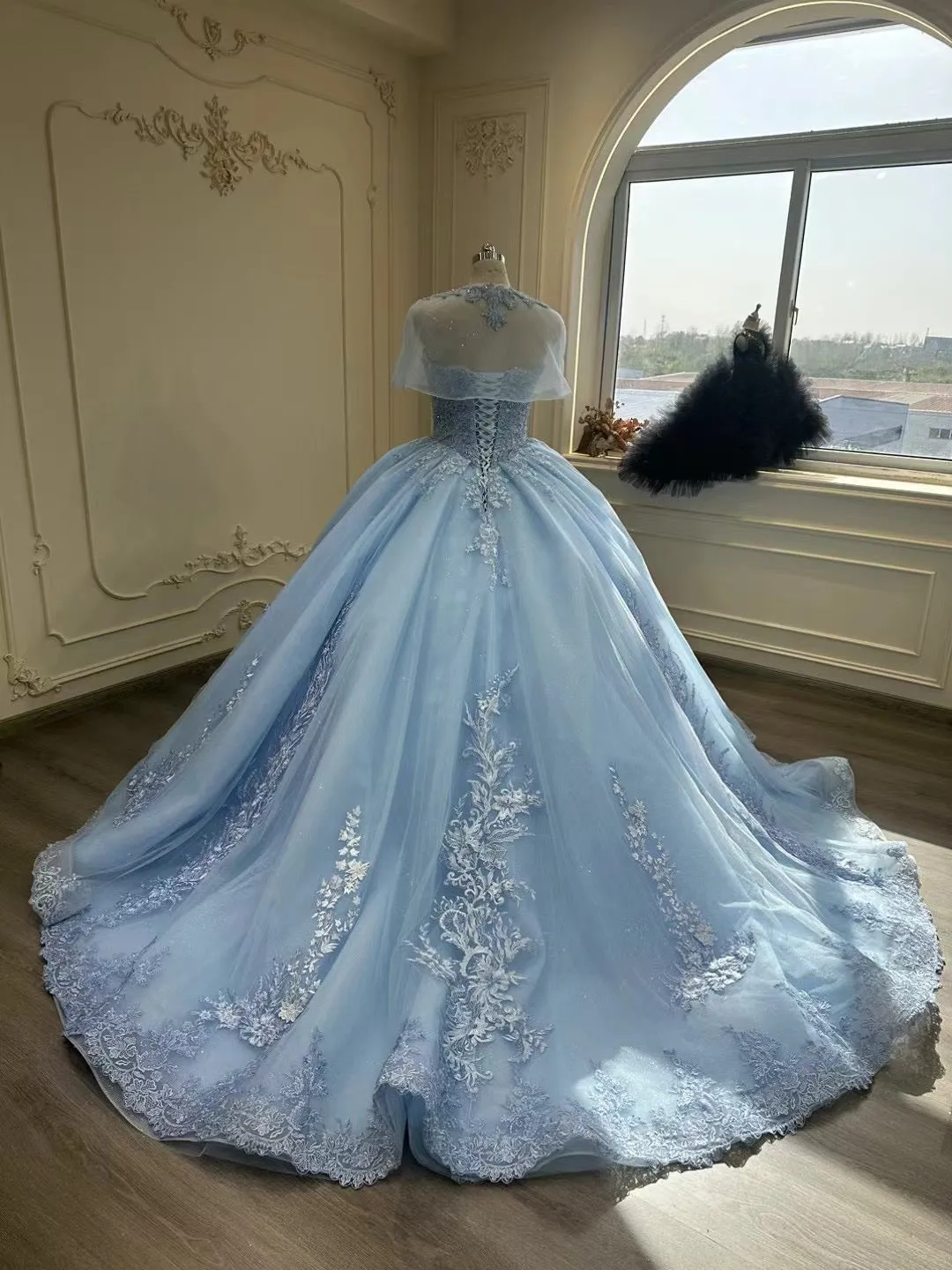 Fairytale sky blue lace appliqués crystals rhinestones beaded princess quinceanera prom dress ,blue lace puffy prom dress 2024