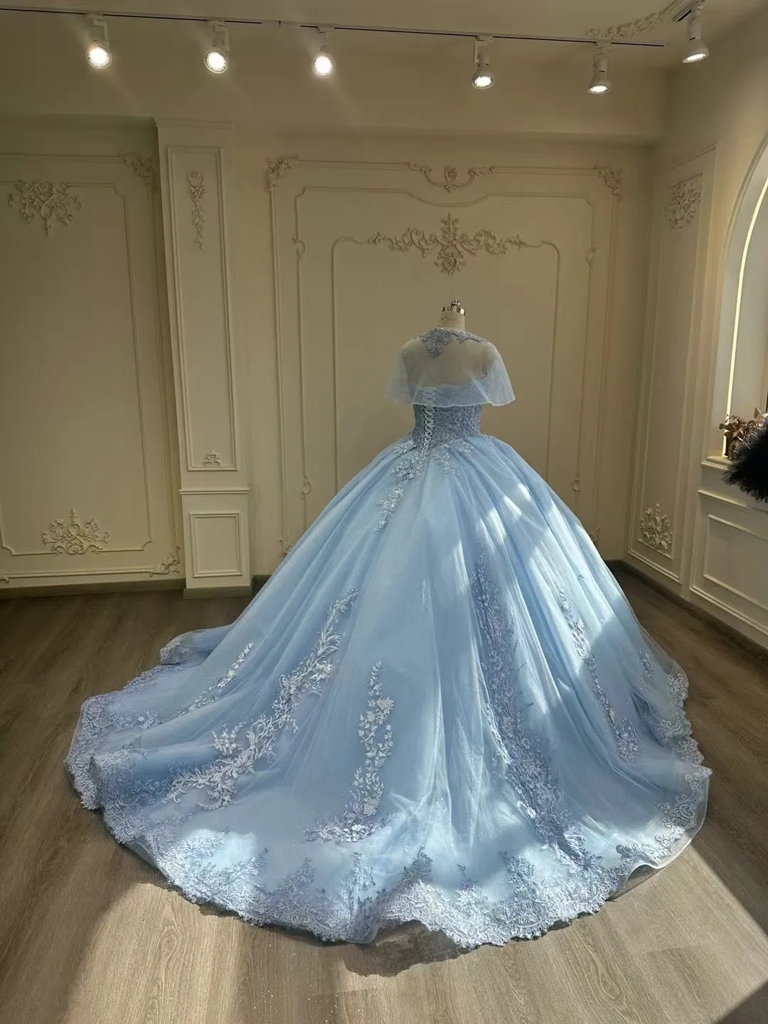 Fairytale sky blue lace appliqués crystals rhinestones beaded princess quinceanera prom dress ,blue lace puffy prom dress 2024