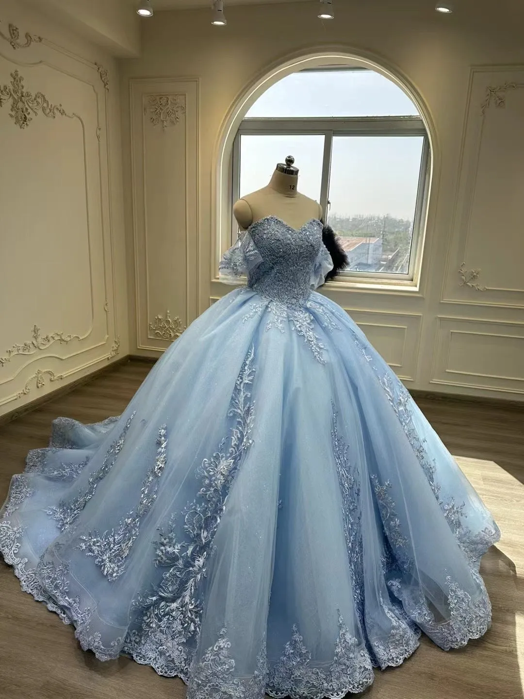 Fairytale sky blue lace appliqués crystals rhinestones beaded princess quinceanera prom dress ,blue lace puffy prom dress 2024
