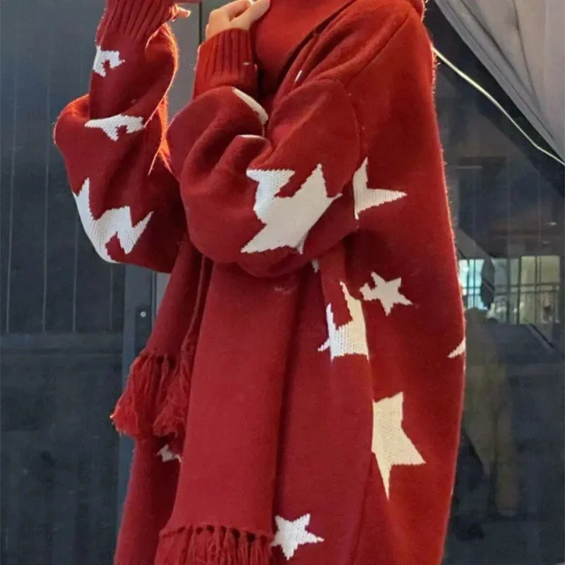 Flytonn-New Year Red Christmas Sweaters Women's Thickened Autumn Winter Popular Atmosphere Relaxed Long Top Pullover