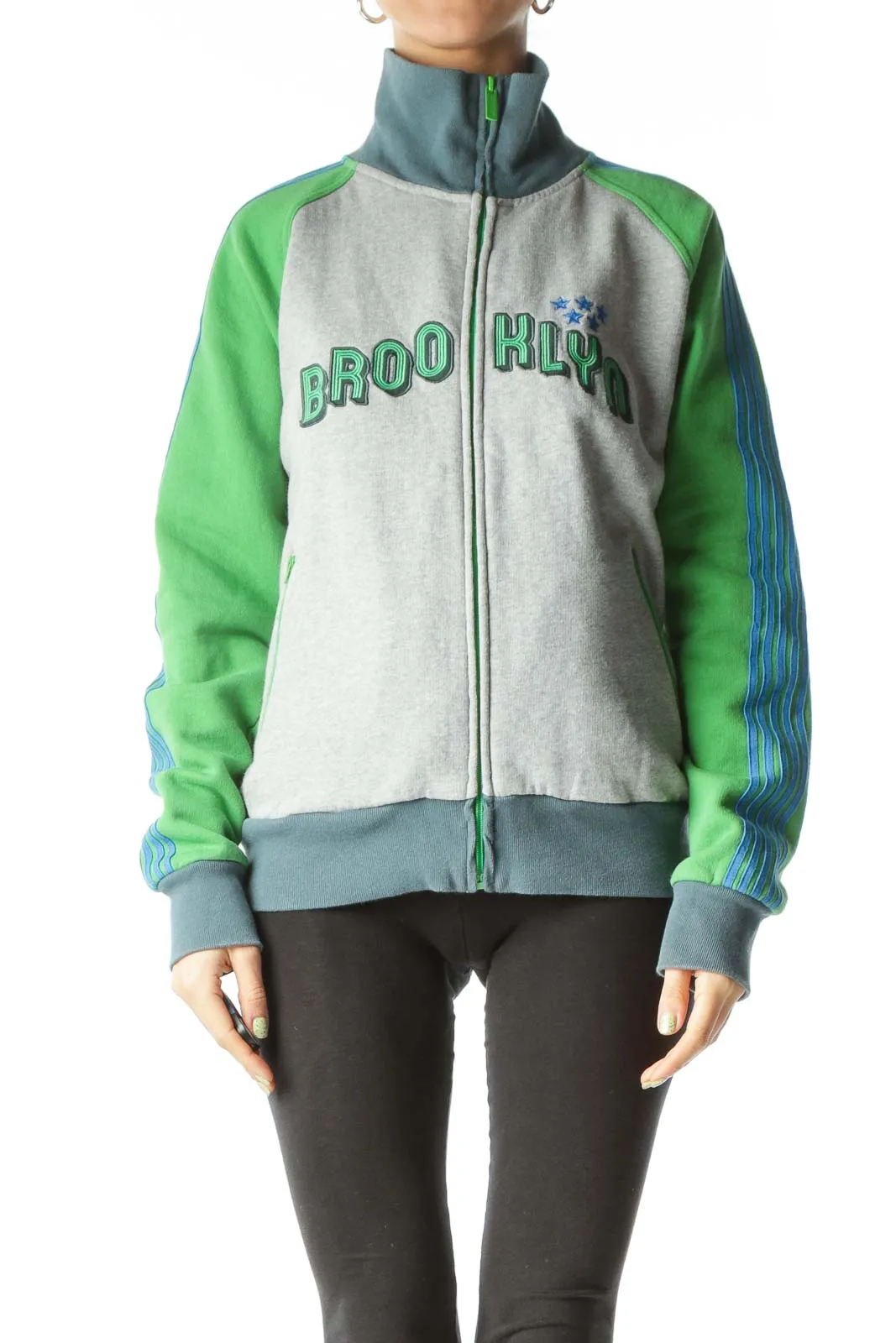 Gray Blue Green Zippered Sweatshirt Jacket