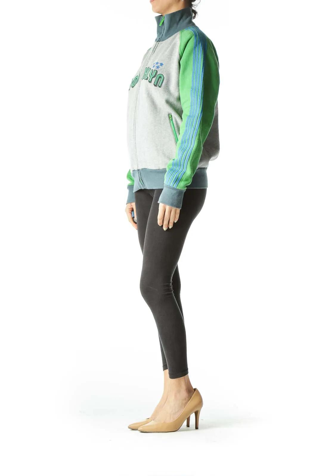 Gray Blue Green Zippered Sweatshirt Jacket