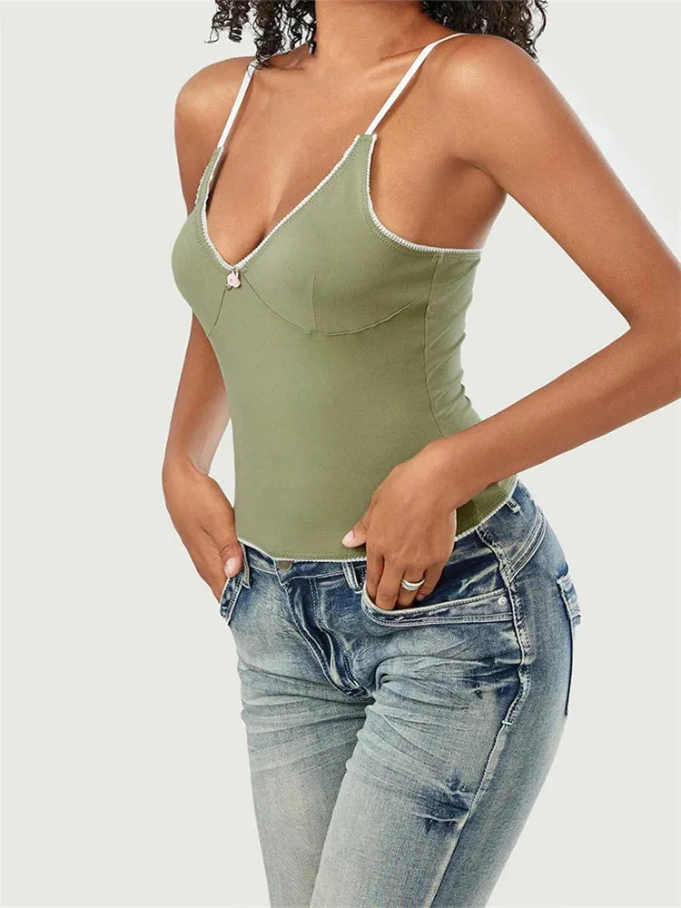 Lace Patchwork Deep V-Neck Sleeveless Cami Top for Summer Streetwear Party