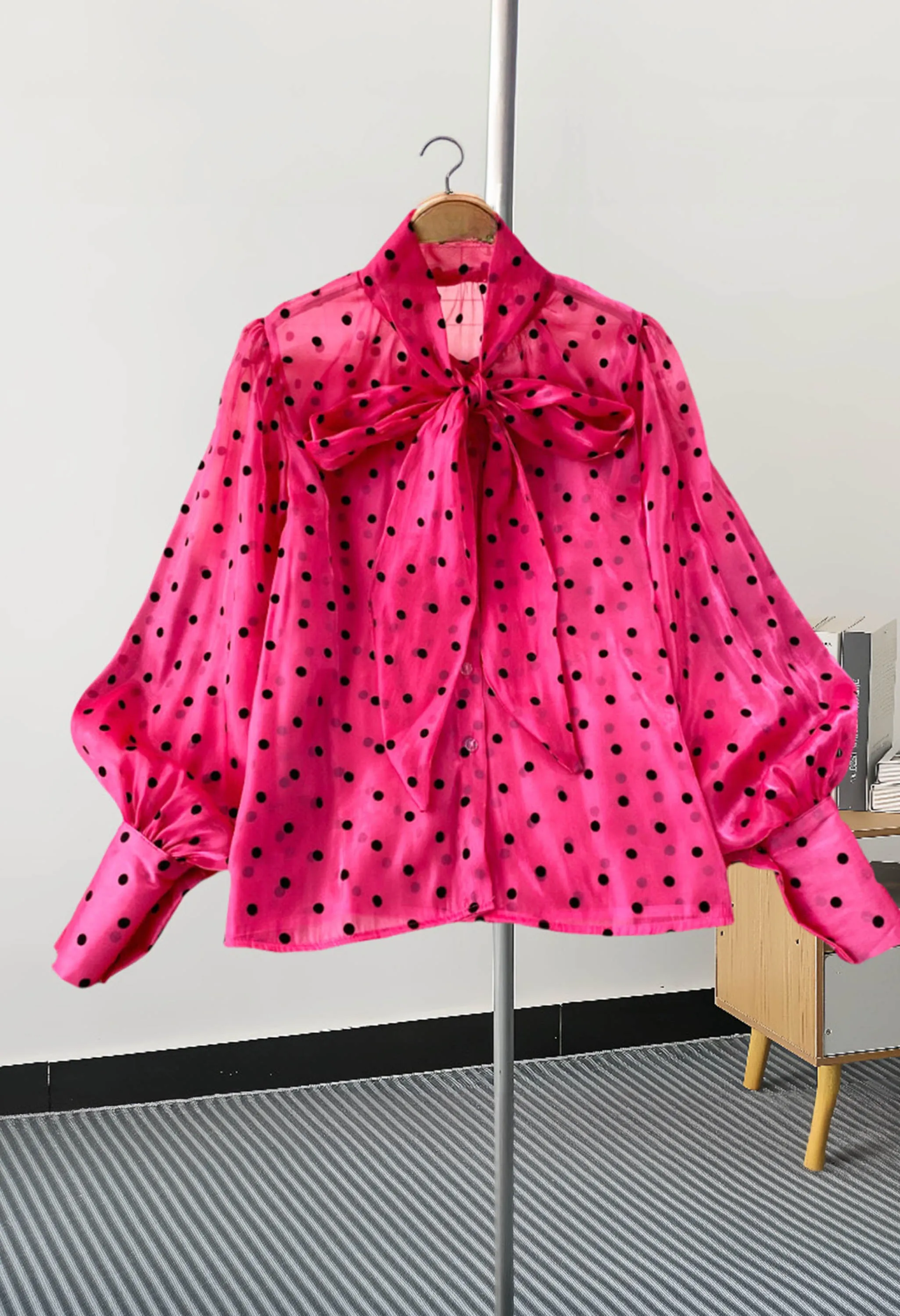 Pankh Maxwell Vintage Polka Dot Loose Mesh Shirt With Bow