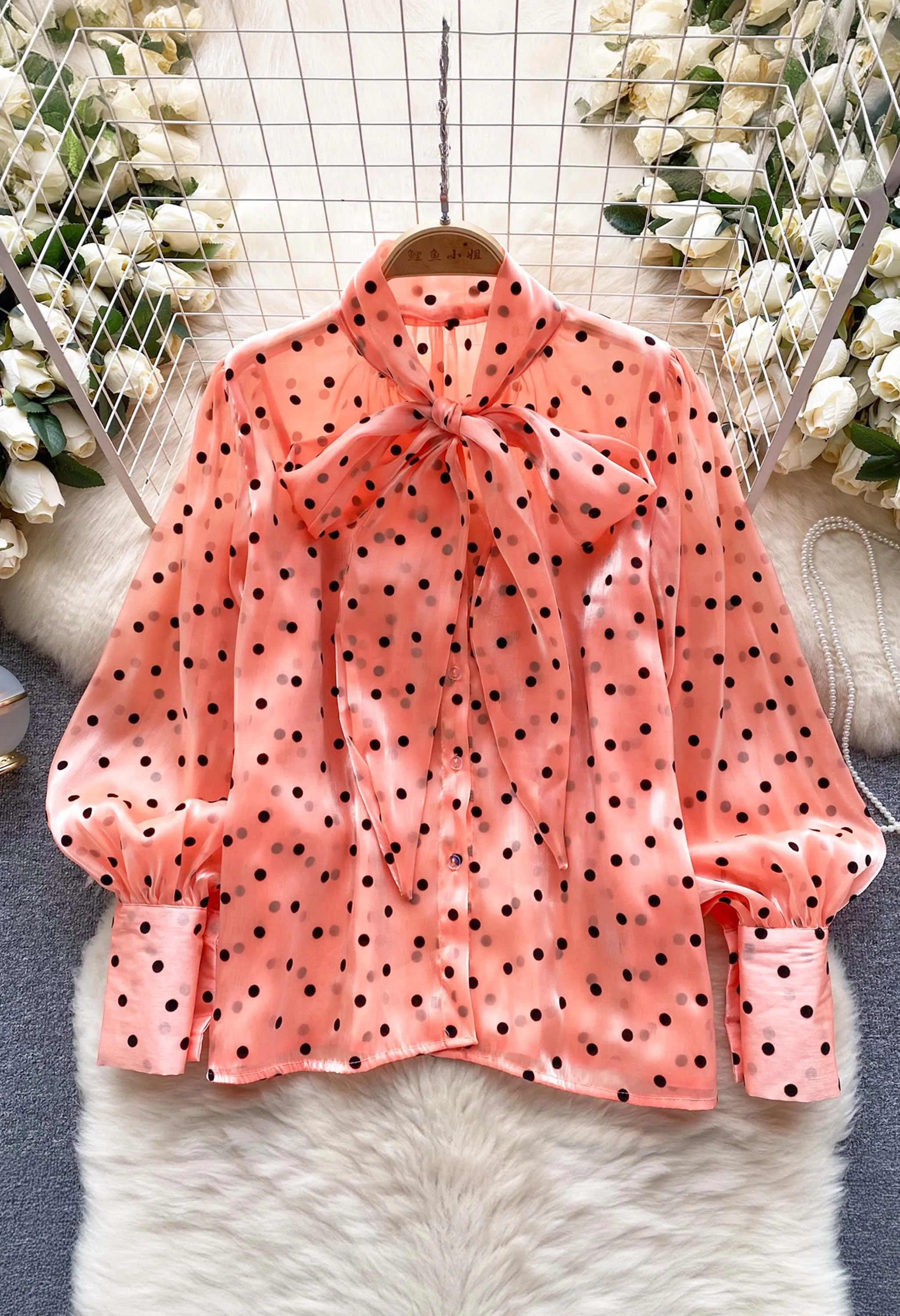 Pankh Maxwell Vintage Polka Dot Loose Mesh Shirt With Bow