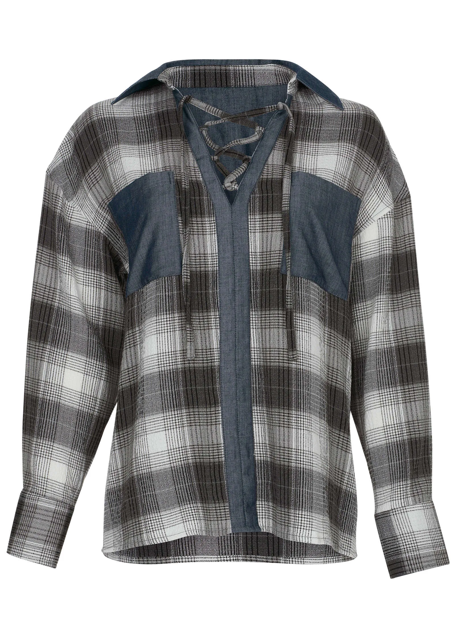 Plaid Lace-Up Shirt - Grey Plaid