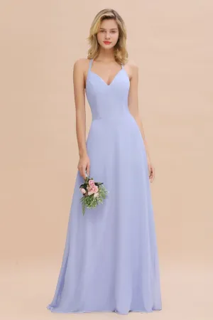 Stylish Halter V-Neck Sleeveless Floor-Length A-Line Bridesmaid Dress