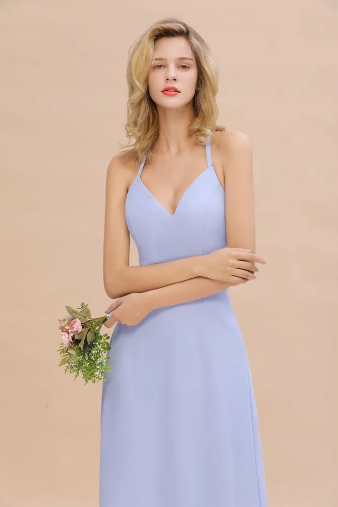 Stylish Halter V-Neck Sleeveless Floor-Length A-Line Bridesmaid Dress