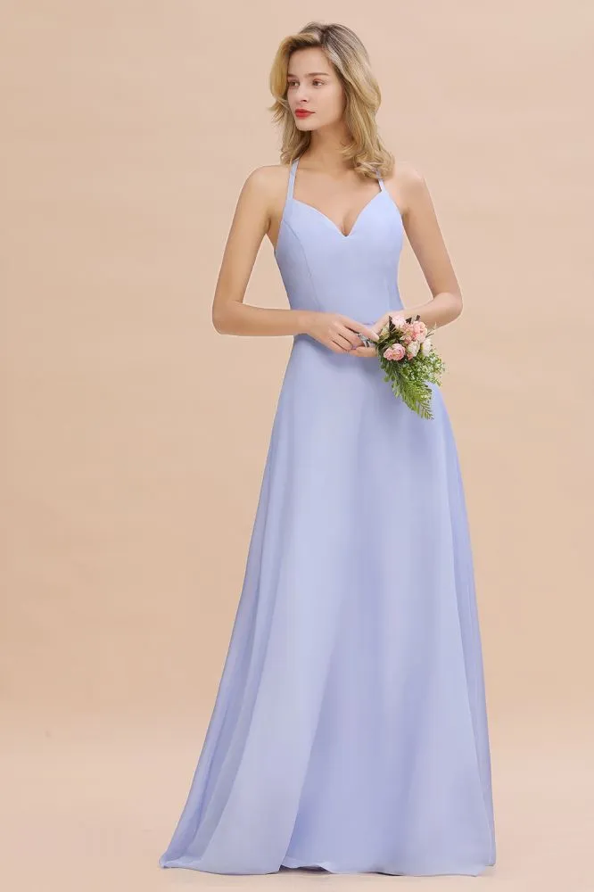 Stylish Halter V-Neck Sleeveless Floor-Length A-Line Bridesmaid Dress
