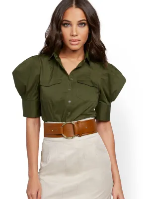 Tall Olive Puff-Sleeve Poplin Shirt