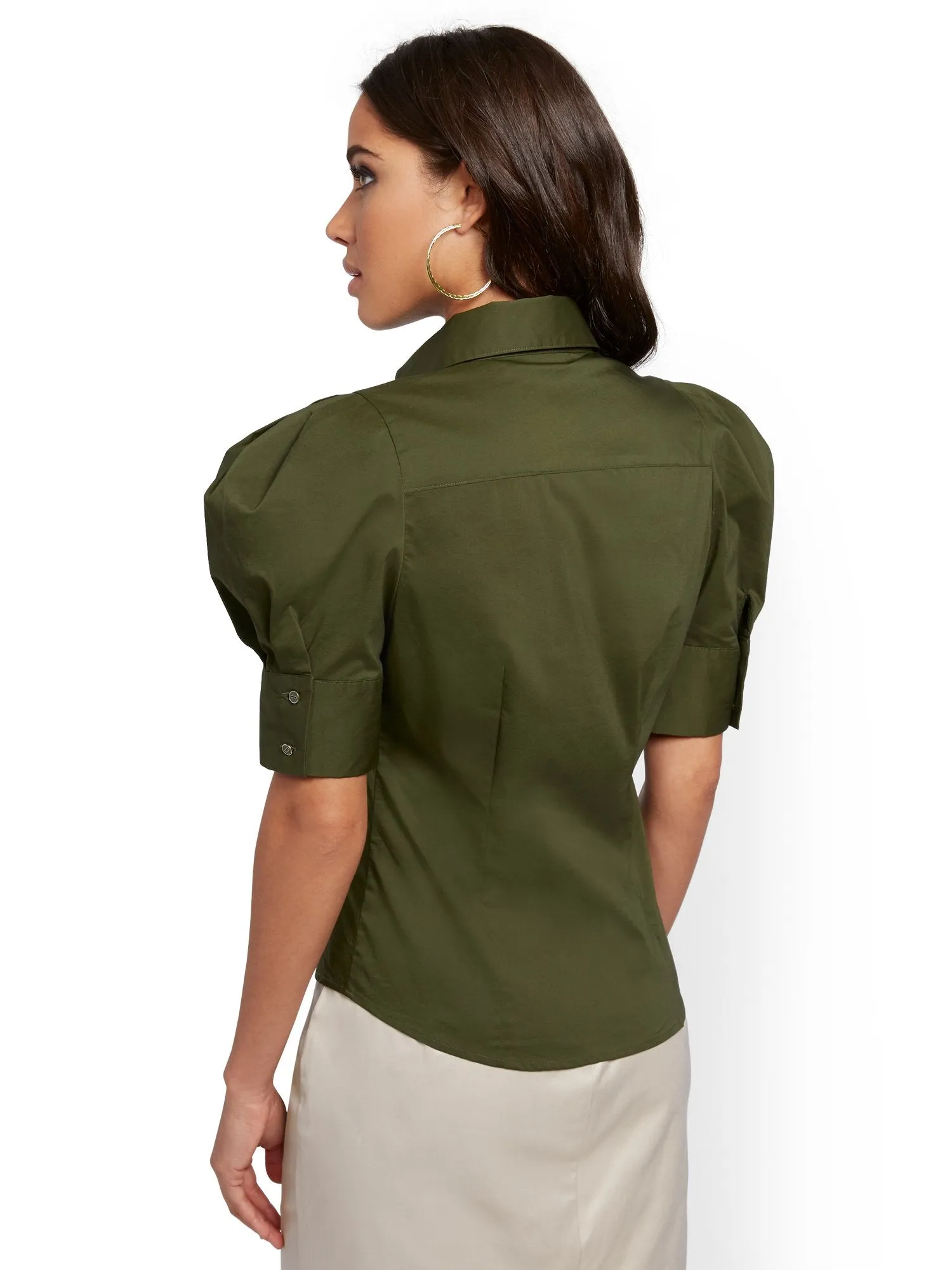 Tall Olive Puff-Sleeve Poplin Shirt