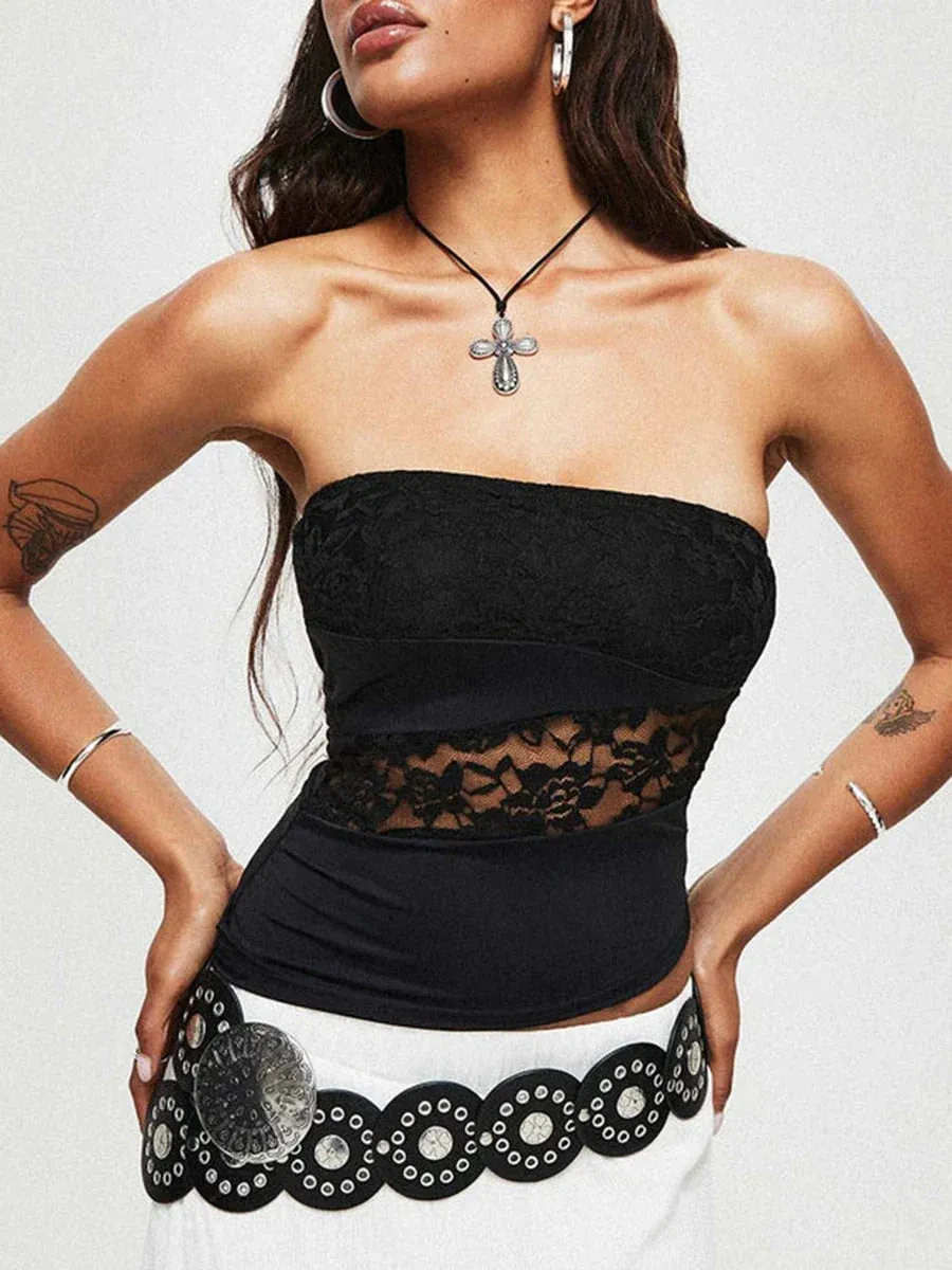 Tube Y2K Lace Floral Trim Patchwork Bandeau Fairy Streetwear Crop Strapless Top