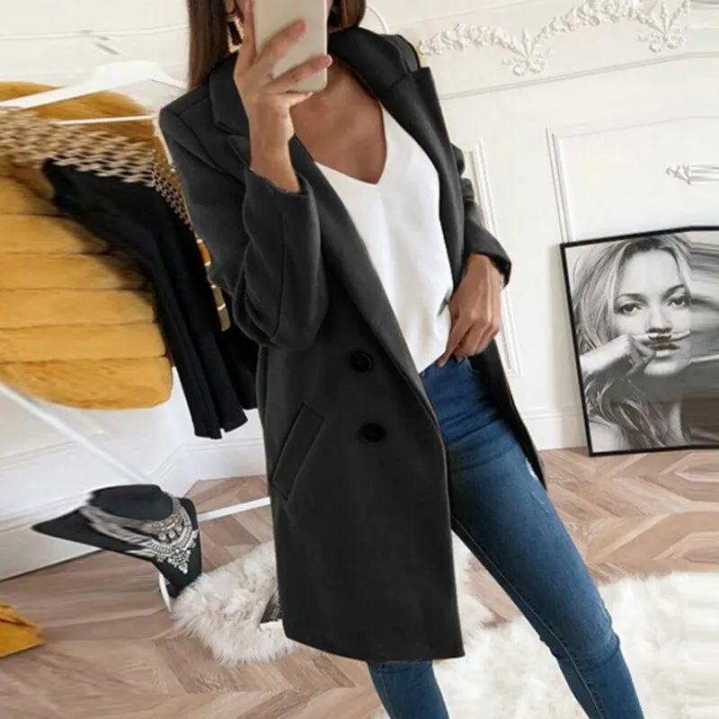 Wenkouban Women Turn-Down Collar Coats Autumn Winter Fashion Long Sleeve Pocket Vintage Jackets Slim Button Solid Casual Outwear Overcoats