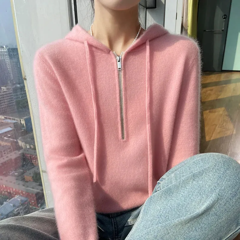 Women Merino Wool Pullover Autumn Long Sleeve Cashmere Knitted Hoodie Clothes Sweater