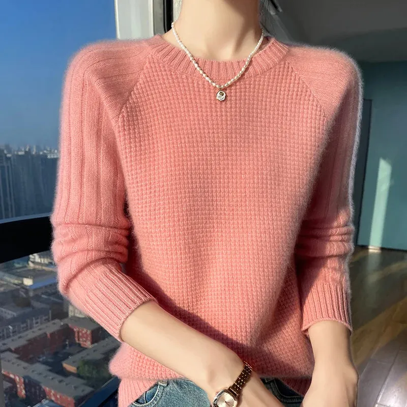 Women's Autumn Winter O-neck Long Sleeve Merino Wool Pullover Padded Cashmere Sweater