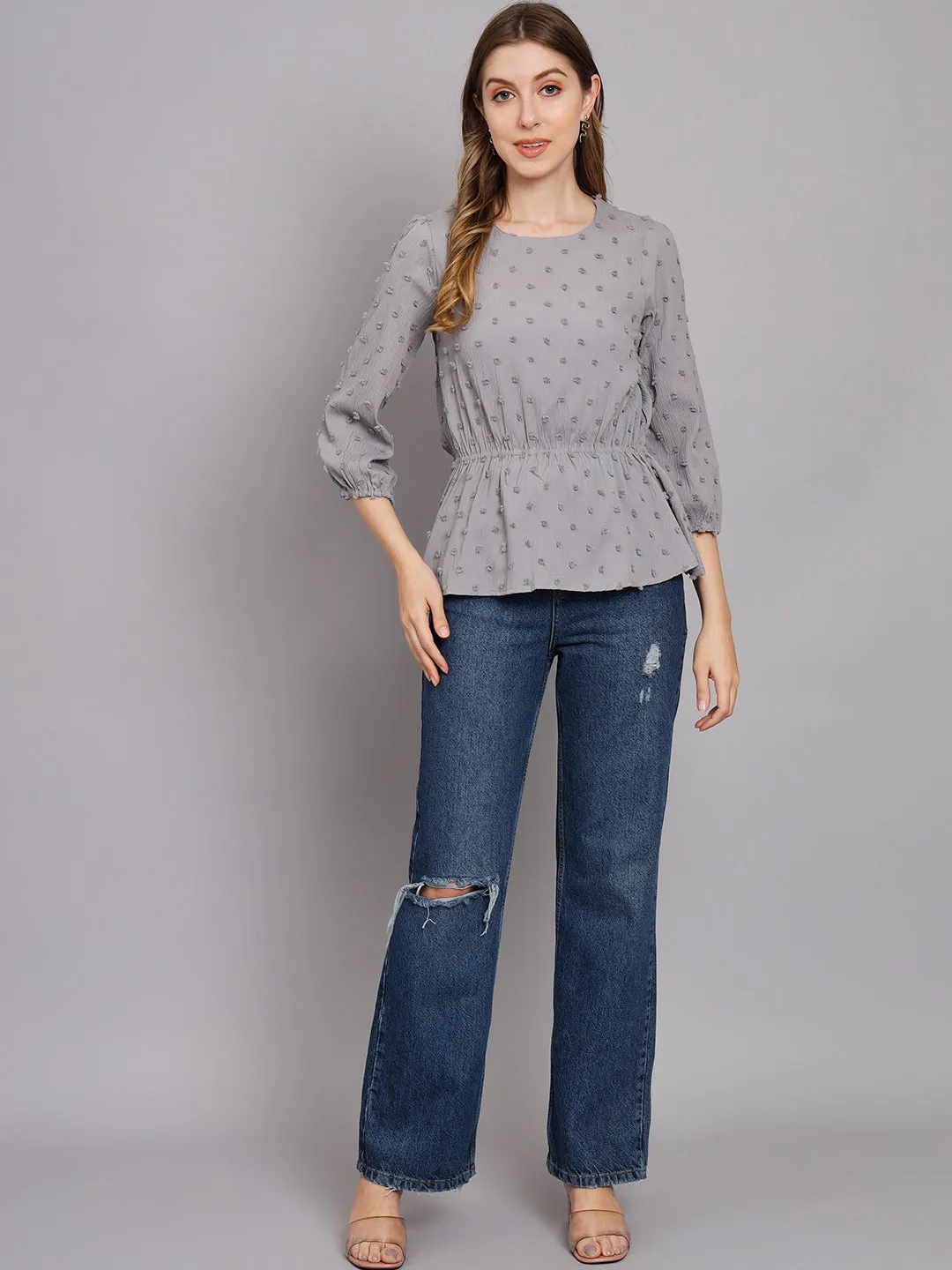 Women's Grey Crepe Gathered Top